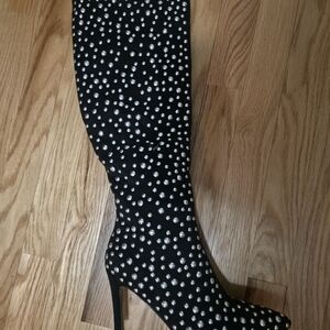 Lauren Lorraine Black Over-the-Knee Rhinestone Stiletto Boots